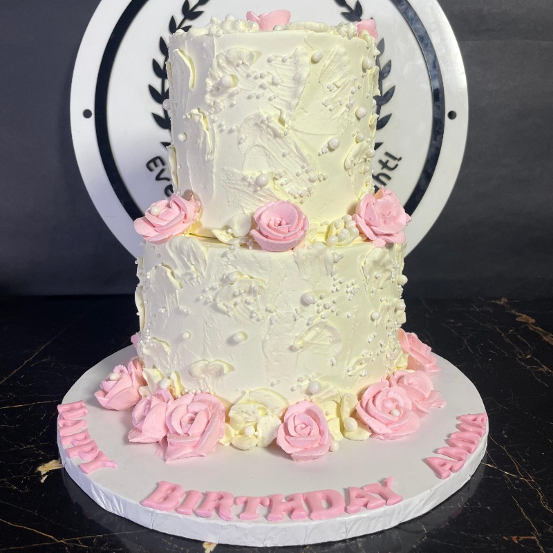 Custom 2-Tier Pink Rose Birthday Cake in Lahore