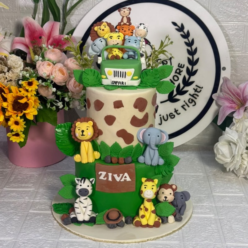 2-Tier Jungle Safari Birthday Cake with Jeep Topper in Lahore